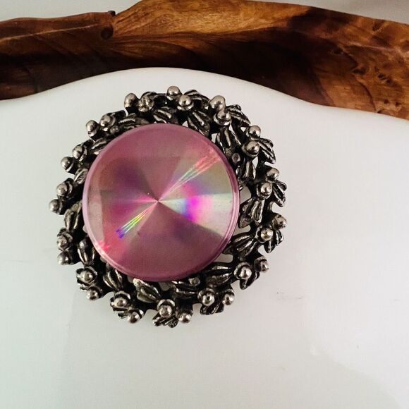 Jewelarama Brooch Prism Round Pinkish Reflective Dark Silver Tone 4156 - Picture 3 of 9